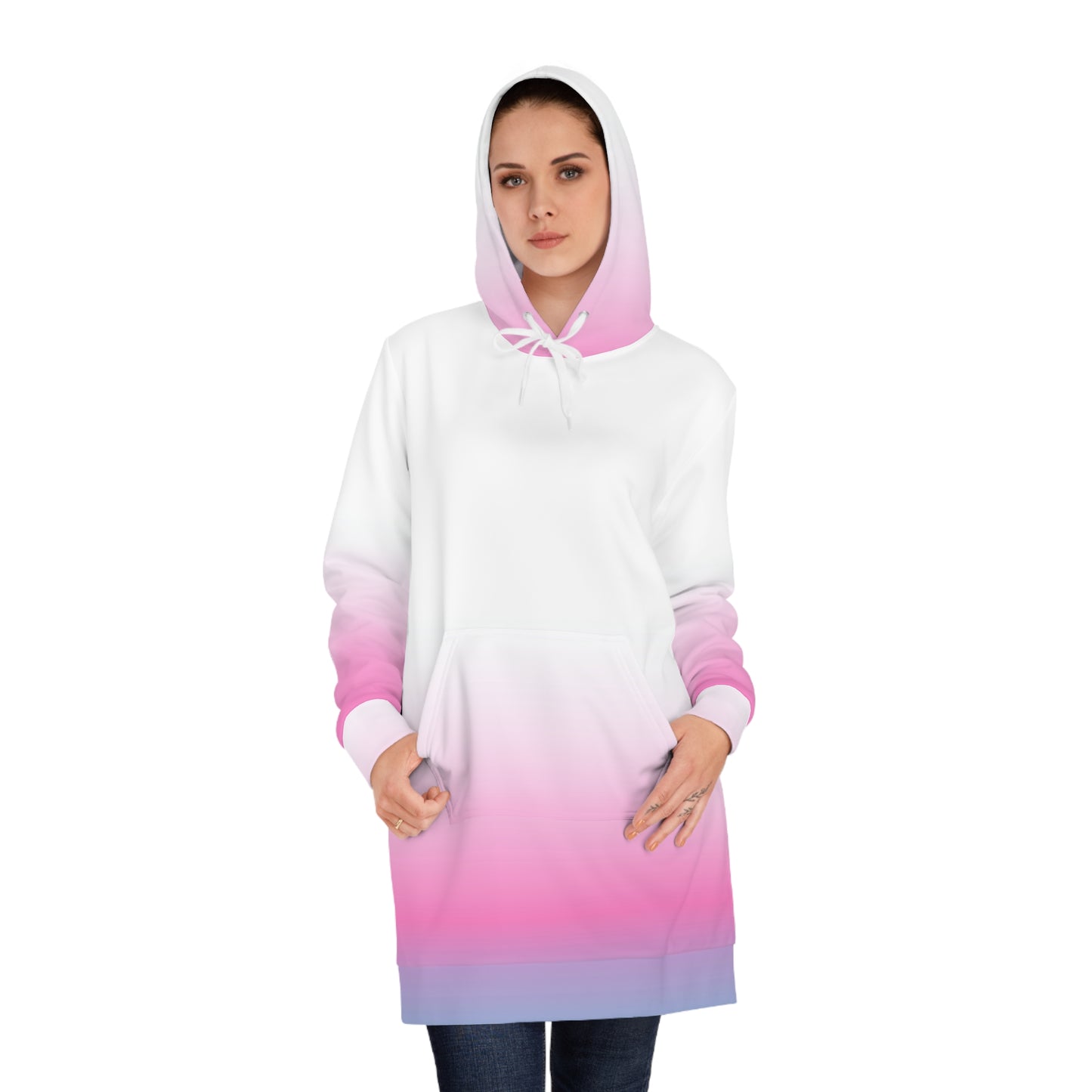 Pink Faded HD Long Women's Hoodie Dress (AOP)