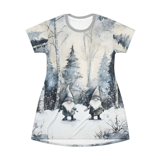 Gnomes in the Winter Forest T-Shirt Dress